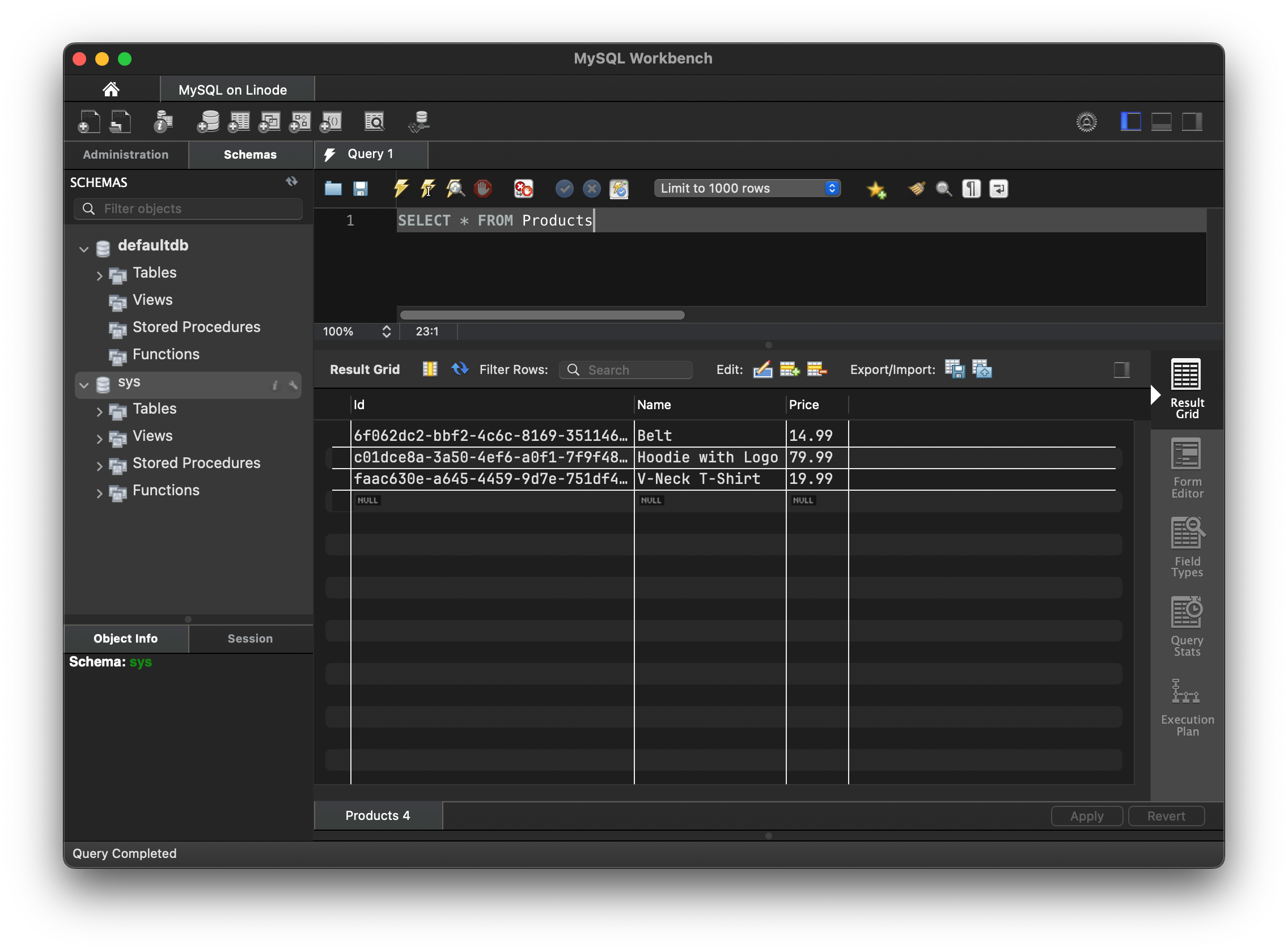 Sample Products in MySQL Workbench